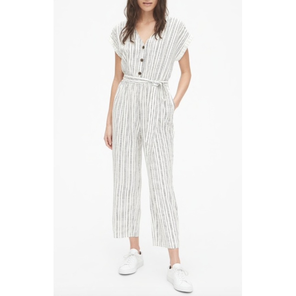 GAP Short-Sleeve Kimono Jumpsuit White/Black Dots Women Size Medium Tie Belt